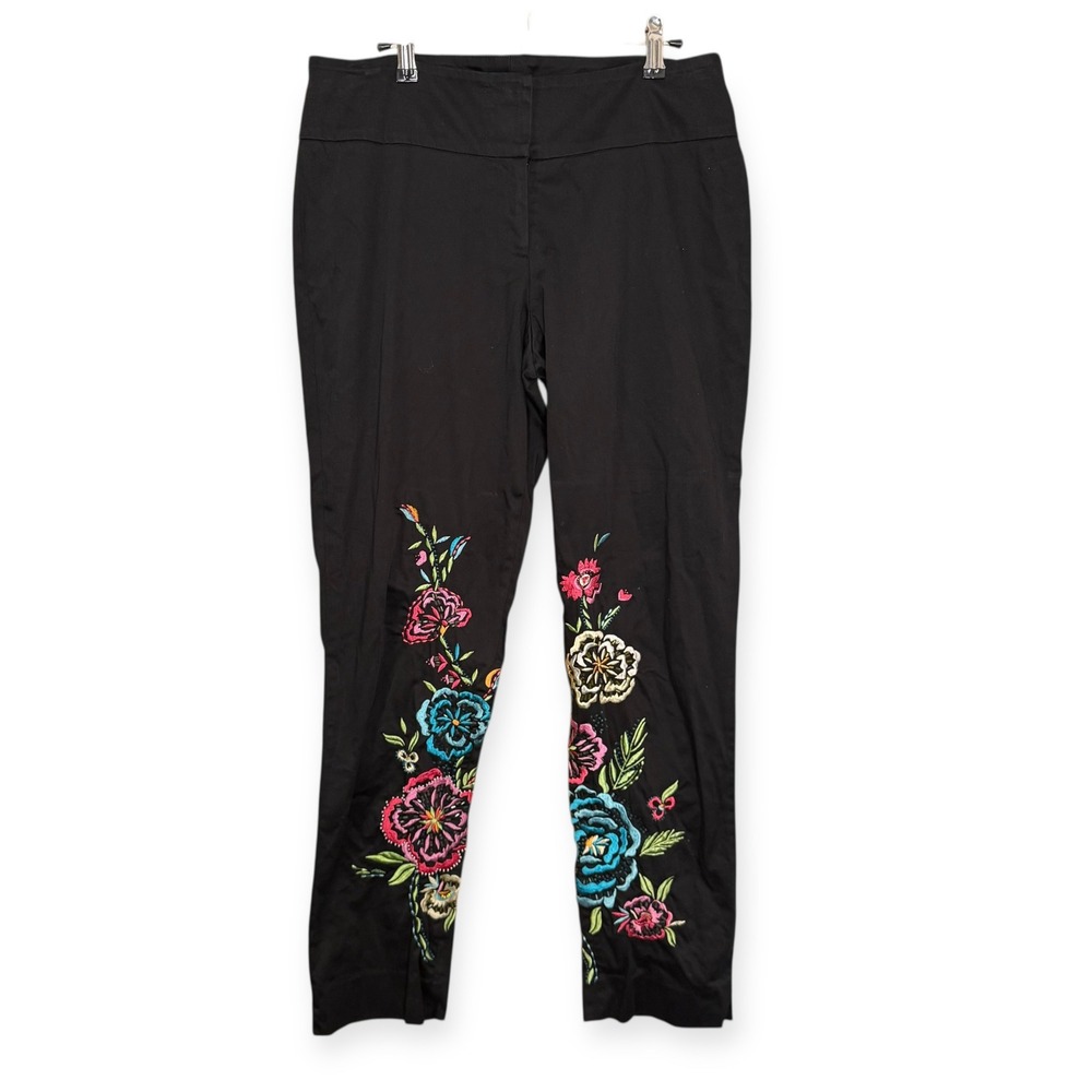 Cache‎ Black Embroidered Floral Pants Women's Size 8 Straight Leg
